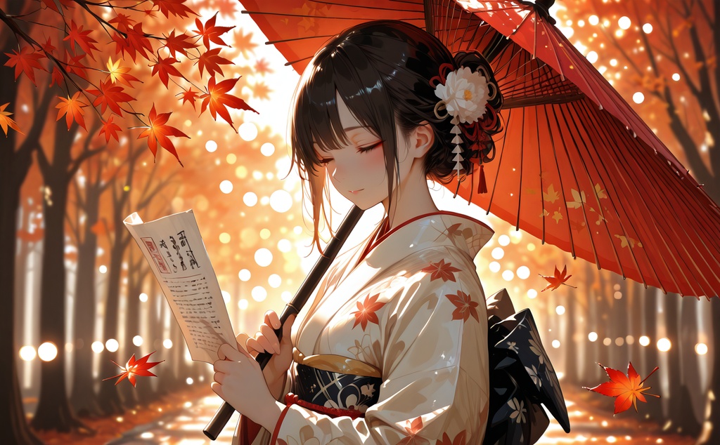 紅葉と和傘の着物美人｜秋の和風イラスト