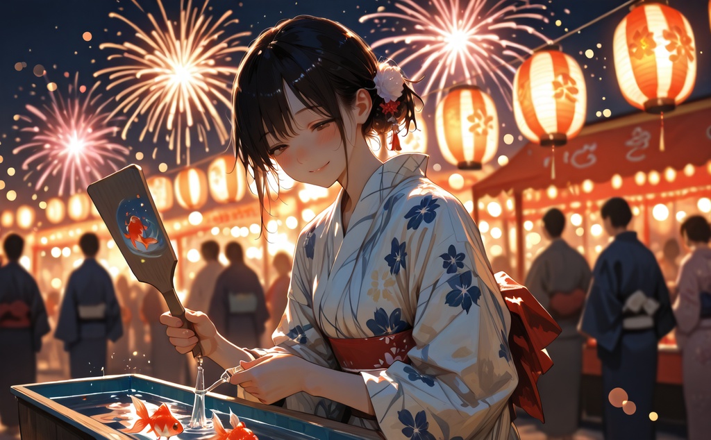 夏祭りと金魚すくいの浴衣美人｜和風イラスト