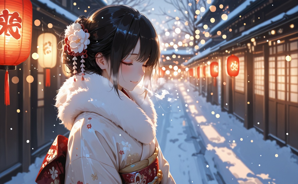 雪の夜の街と着物美人｜冬の和風イラスト