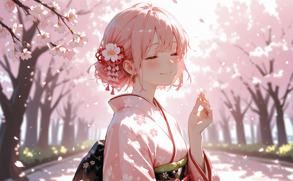 桜舞う春の着物美人｜和風イラスト