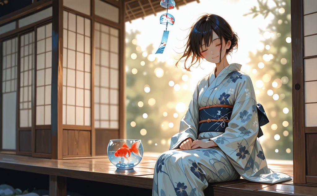 縁側の風鈴と金魚鉢の浴衣美人｜夏の和風イラスト
