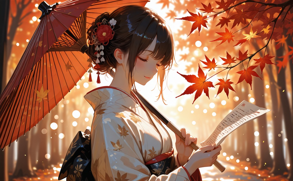 紅葉散る和傘の着物美人｜秋の和風イラスト