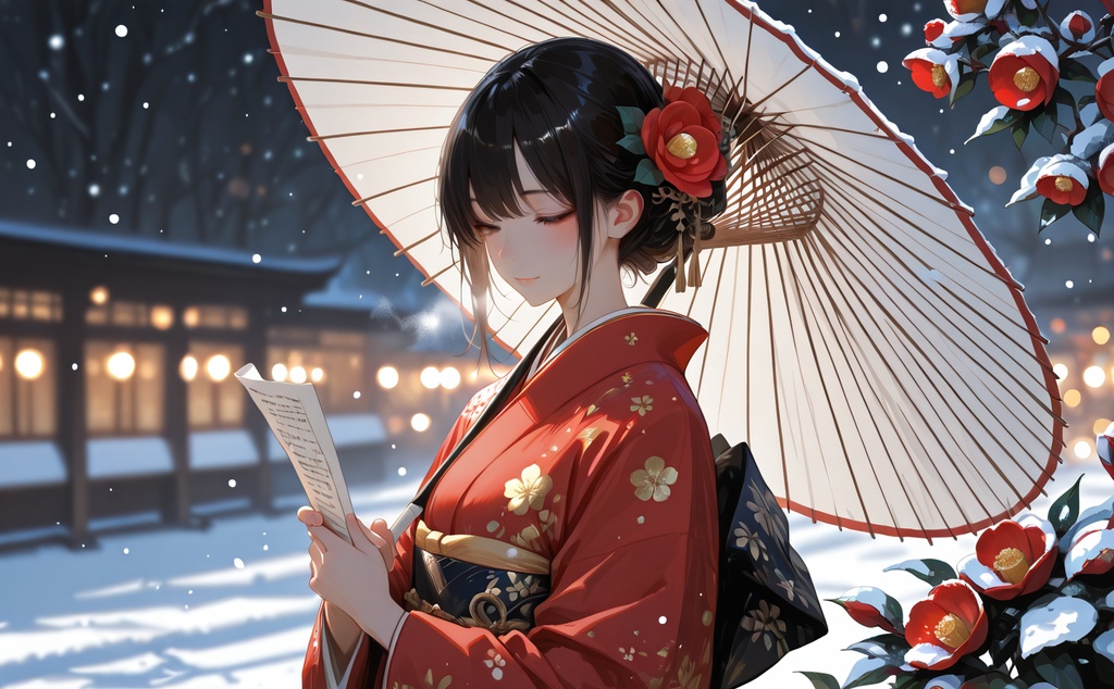 雪と椿の赤い着物美人｜冬の和風イラスト