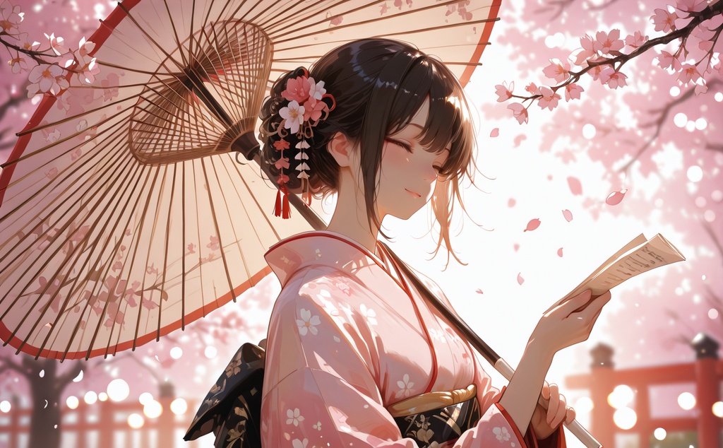 桜と和傘の着物美人｜春の和風イラスト