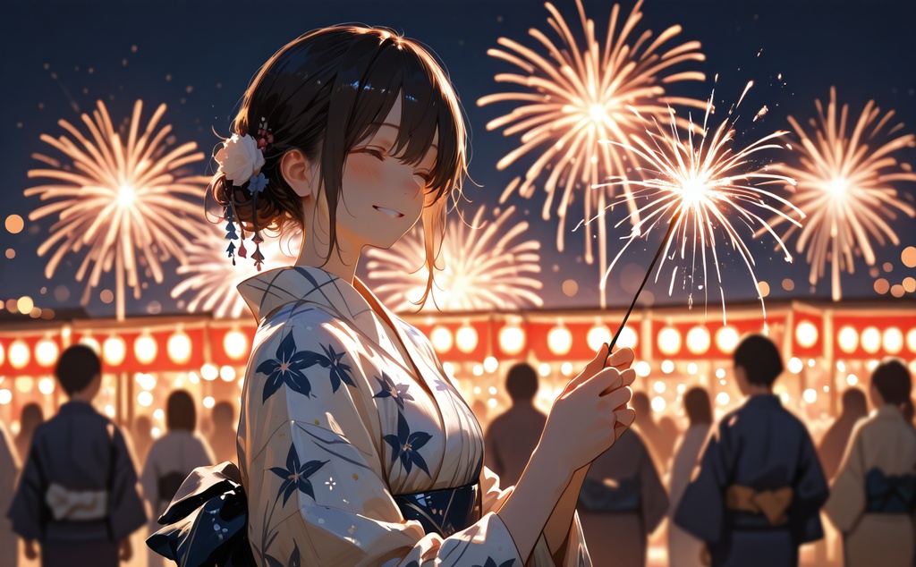 花火と線香花火の浴衣美人｜夏祭り和風イラスト
