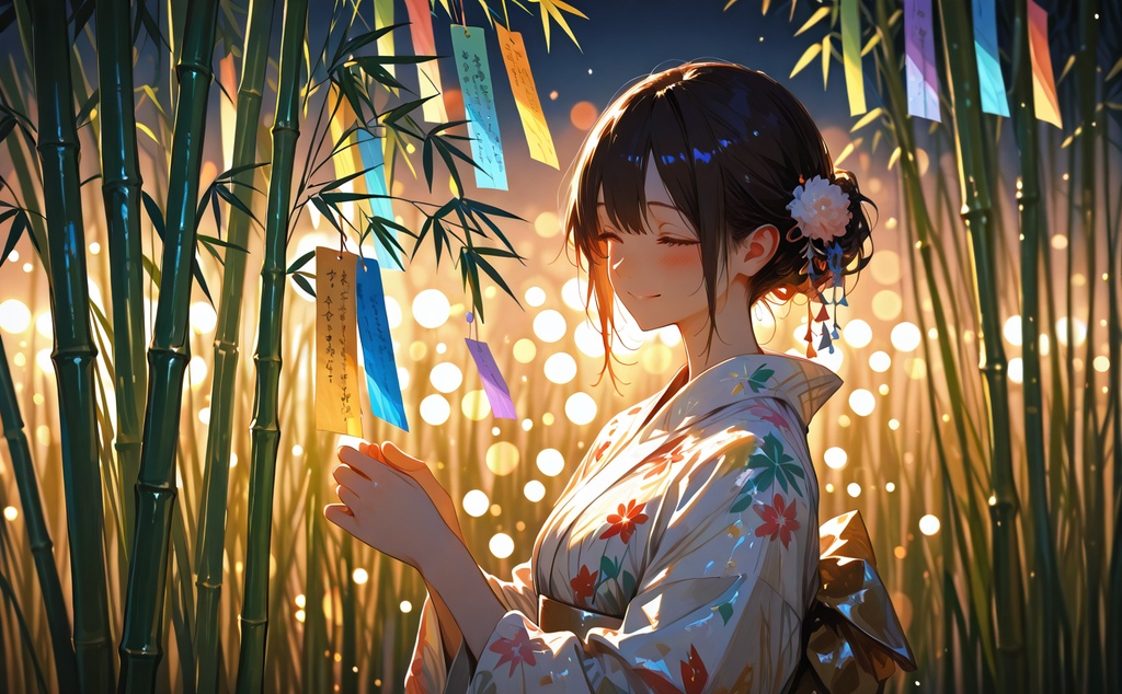 七夕の短冊と浴衣美人｜夏の和風イラスト