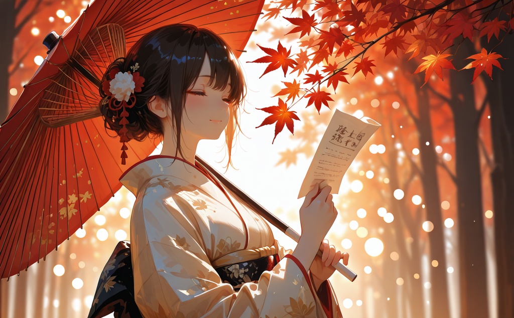 紅葉と赤い和傘の着物美人｜秋の和風イラスト