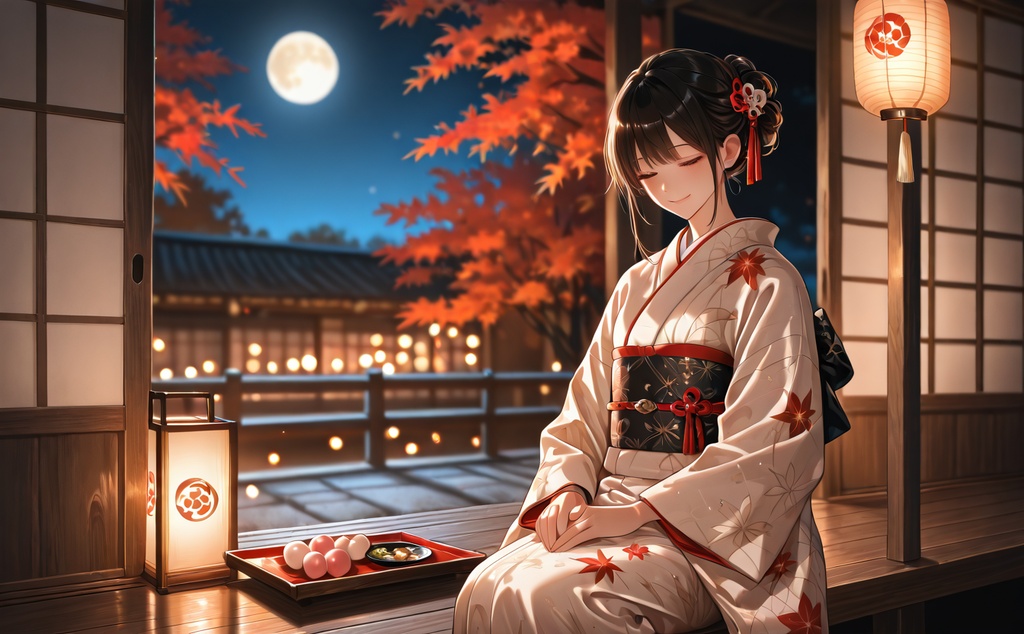 和の文化少女イラスト5枚セット(紅葉の月見・紫陽花の傘・雪の鳥居・夏祭り・夜店通り)【商用利用可】