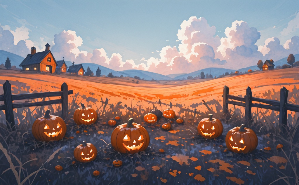 【ハロウィン背景】かぼちゃ畑の田園風景 5枚セット｜動画背景・同人誌表紙・季節のチラシに｜商用利用可・クレジット不要