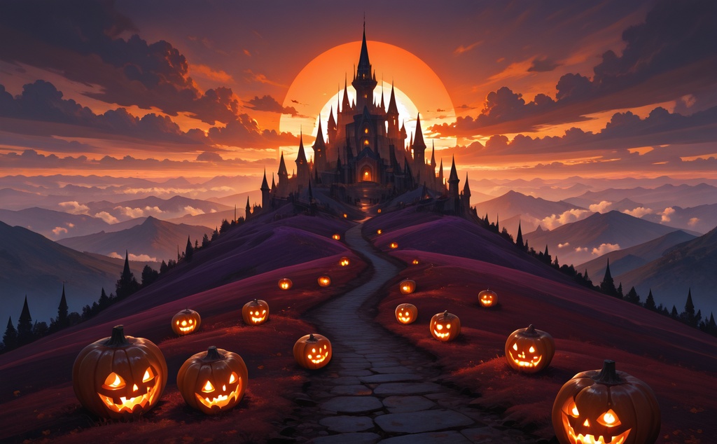 【ハロウィン背景】ゴシックの城と夕焼け 5枚セット|ノベルゲーム・TRPG・小説挿絵に|商用利用可・クレジット不要