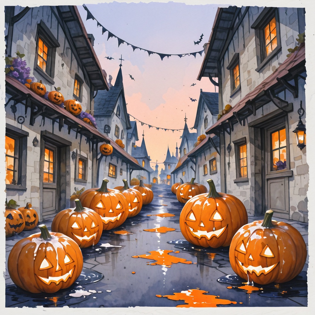 【ハロウィン背景】絵本風・水彩調の風景 5枚セット｜ブログアイキャッチ・同人誌・SNS投稿に｜商用利用可・クレジット不要