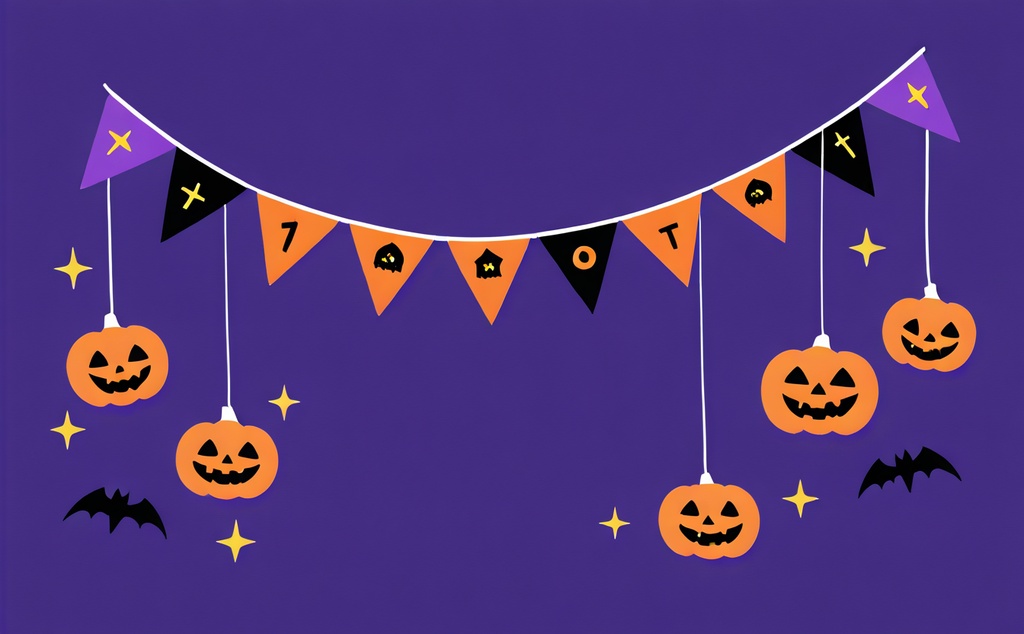 【ハロウィン素材】かぼちゃ・黒猫・ガーランドの飾りイラスト 5枚セット|告知画像・チラシ・SNS投稿に|商用利用可・クレジット不要