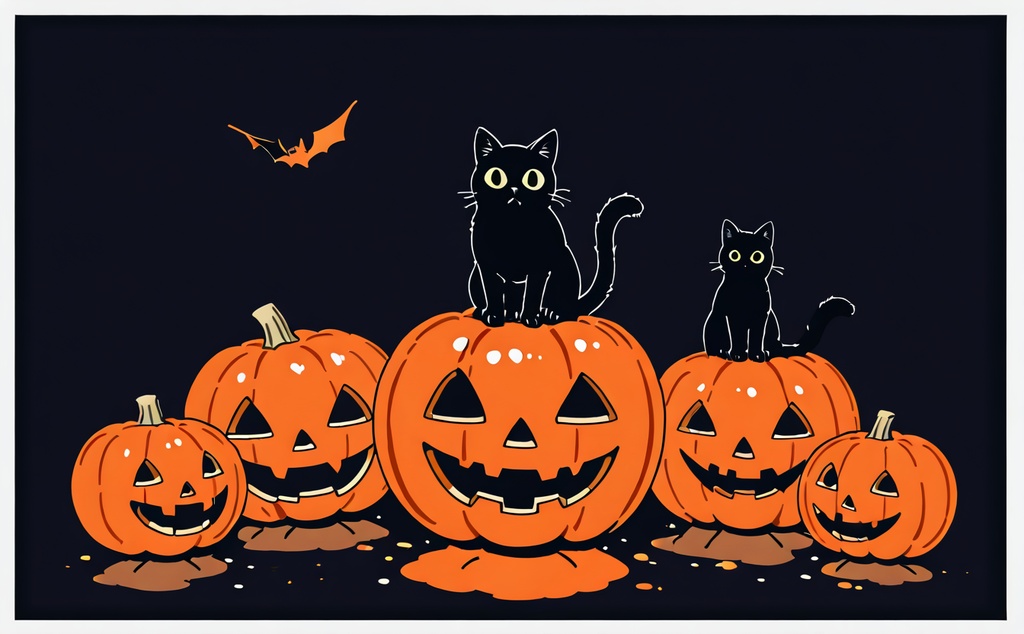 【ハロウィン素材】かぼちゃ・黒猫・ガーランドの飾りイラスト 5枚セット|告知画像・チラシ・SNS投稿に|商用利用可・クレジット不要