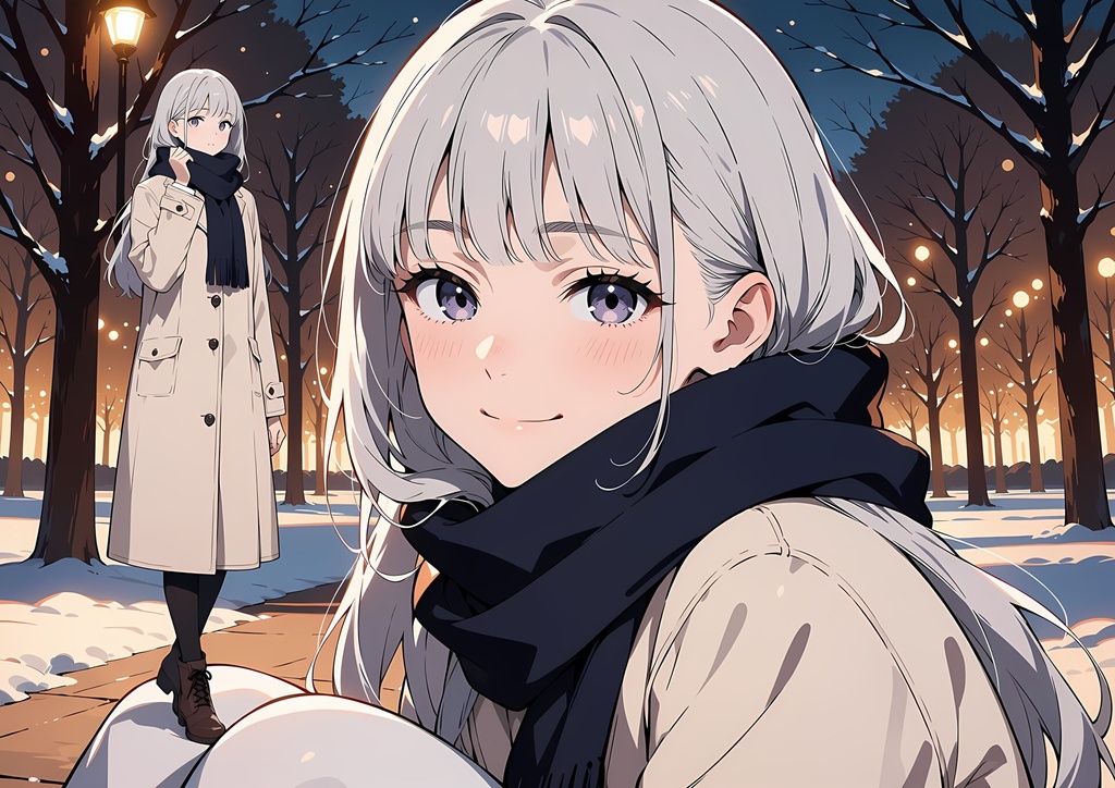 【商用利用可】銀髪にベージュのコートと紺のマフラーの少女のイラスト+同じ場面の人物なし背景 11枚セット|白雪雪乃