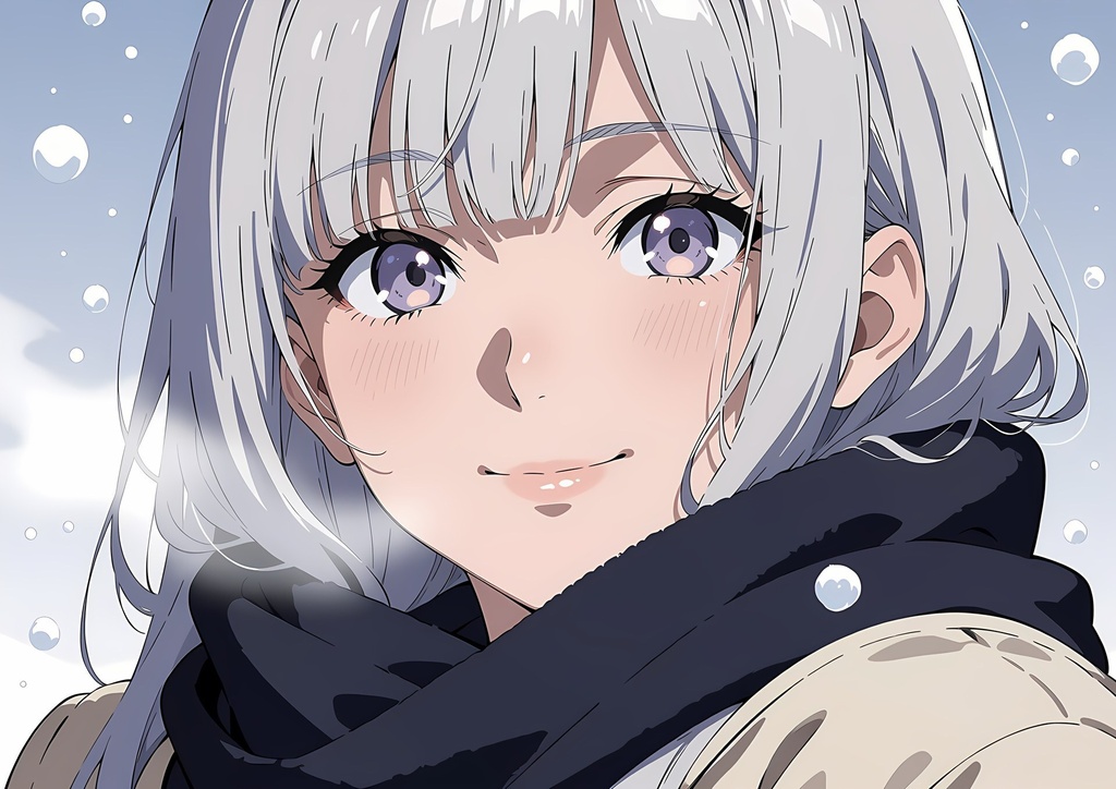 【商用利用可】銀髪にベージュのコートと紺のマフラーの少女のイラスト+同じ場面の人物なし背景 11枚セット|白雪雪乃