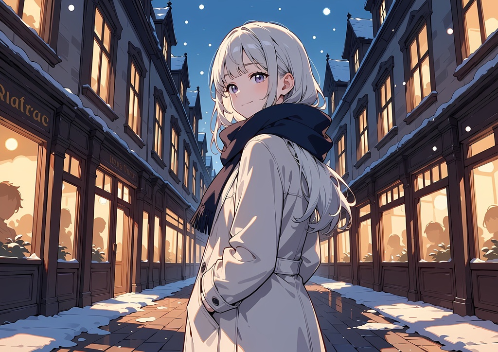 【商用利用可】銀髪にベージュのコートと紺のマフラーの少女のイラスト＋同じ場面の人物なし背景 11枚セット｜白雪雪乃