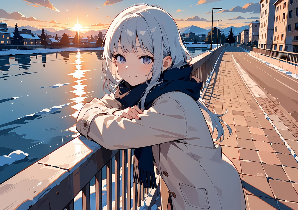 【商用利用可】銀髪にベージュのコートと紺のマフラーの少女のイラスト+同じ場面の人物なし背景 11枚セット|白雪雪乃