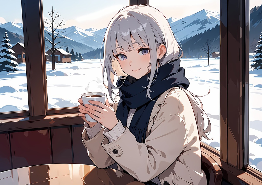 【商用利用可】銀髪にベージュのコートと紺のマフラーの少女のイラスト+同じ場面の人物なし背景 11枚セット|白雪雪乃