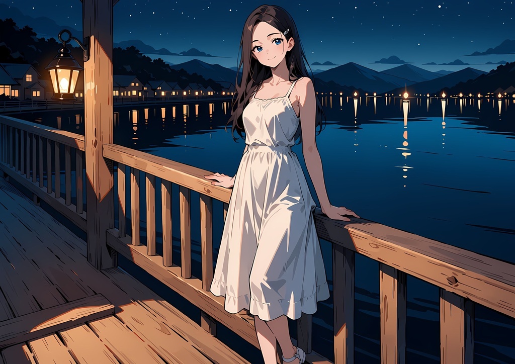 【商用利用可】紺髪の白サンドレス少女のイラスト+同じ場面の人物なし背景 11枚セット|紺野汐里