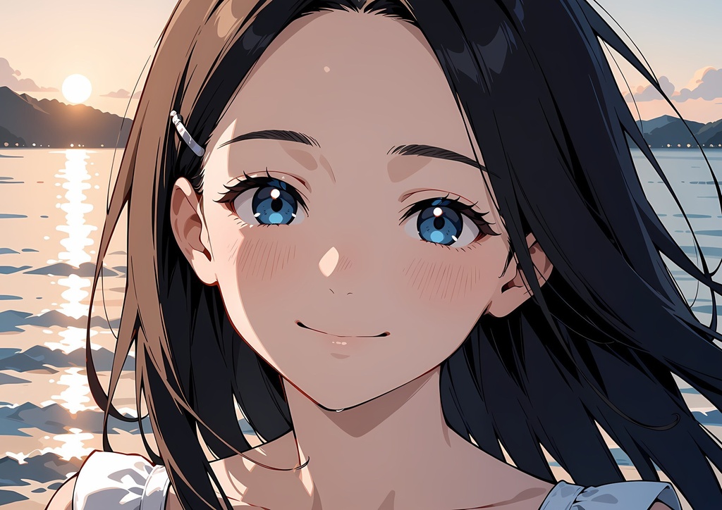【商用利用可】紺髪の白サンドレス少女のイラスト+同じ場面の人物なし背景 11枚セット|紺野汐里