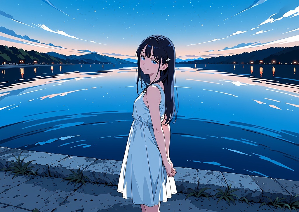 【商用利用可】紺髪の白サンドレス少女のイラスト＋同じ場面の人物なし背景 11枚セット｜紺野汐里