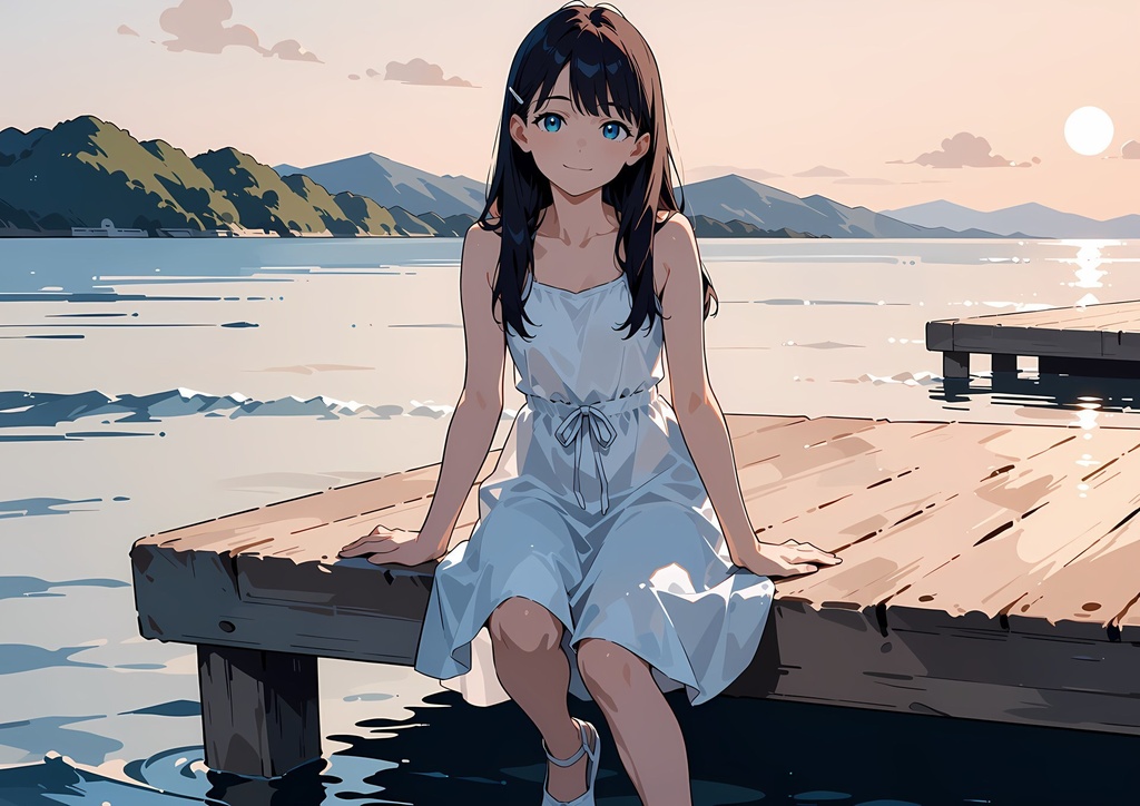 【商用利用可】紺髪の白サンドレス少女のイラスト+同じ場面の人物なし背景 11枚セット|紺野汐里
