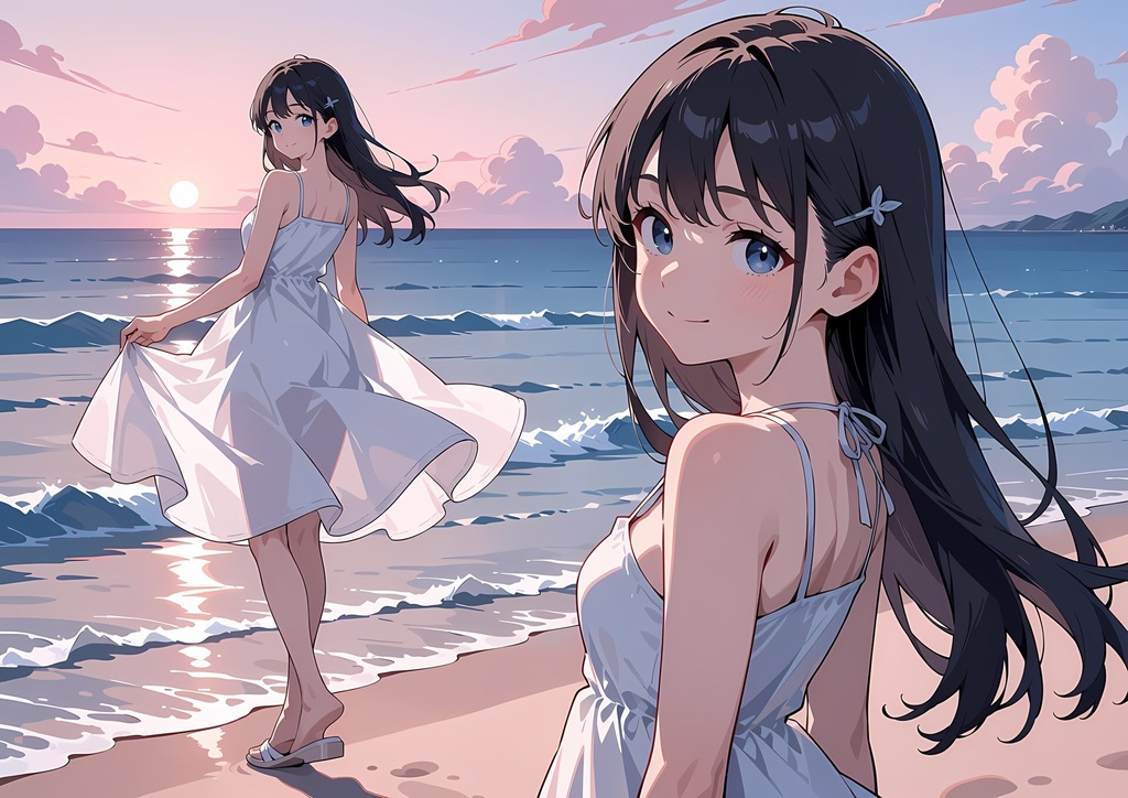 【商用利用可】紺髪の白サンドレス少女のイラスト+同じ場面の人物なし背景 11枚セット|紺野汐里