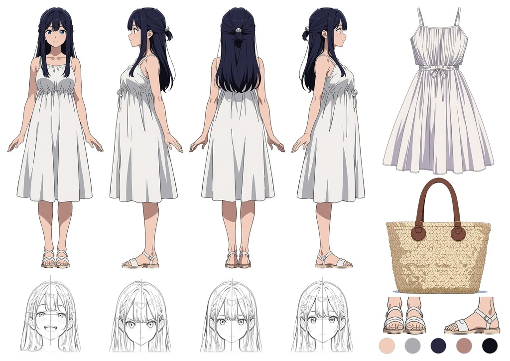 【商用利用可】紺髪の白サンドレス少女のイラスト+同じ場面の人物なし背景 11枚セット|紺野汐里