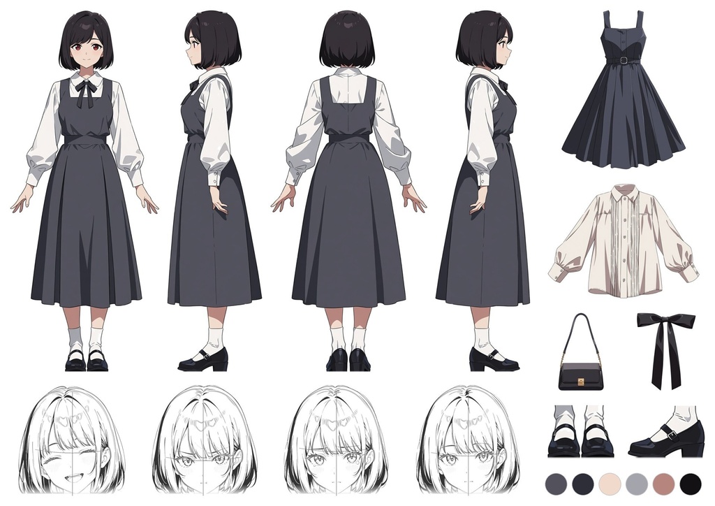 【商用利用可】黒ボブとグレーのジャンパースカートの少女のイラスト+同じ場面の人物なし背景 11枚セット|黒川紗栞