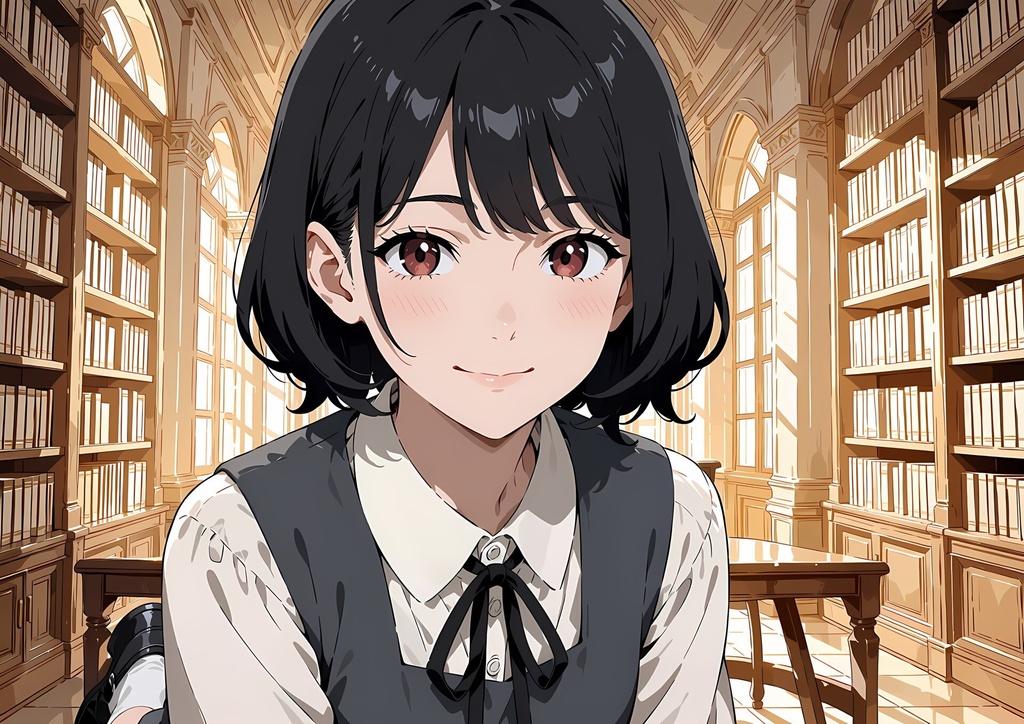 【商用利用可】黒ボブとグレーのジャンパースカートの少女のイラスト＋同じ場面の人物なし背景 11枚セット｜黒川紗栞
