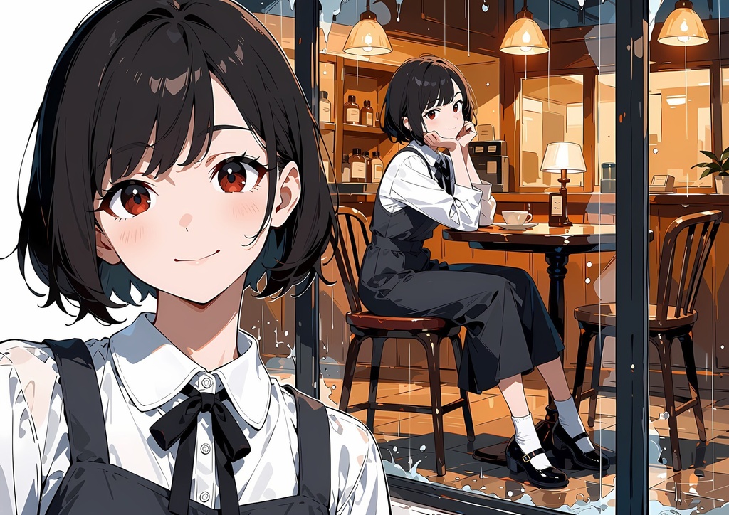 【商用利用可】黒ボブとグレーのジャンパースカートの少女のイラスト+同じ場面の人物なし背景 11枚セット|黒川紗栞