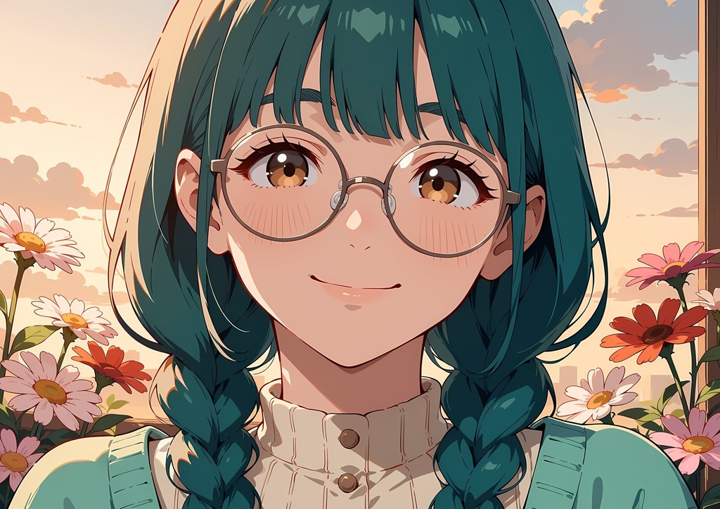 【商用利用可】ティール髪の三つ編み・メガネ・ミントのカーディガンの少女のイラスト+同じ場面の人物なし背景 11枚セット|青葉碧