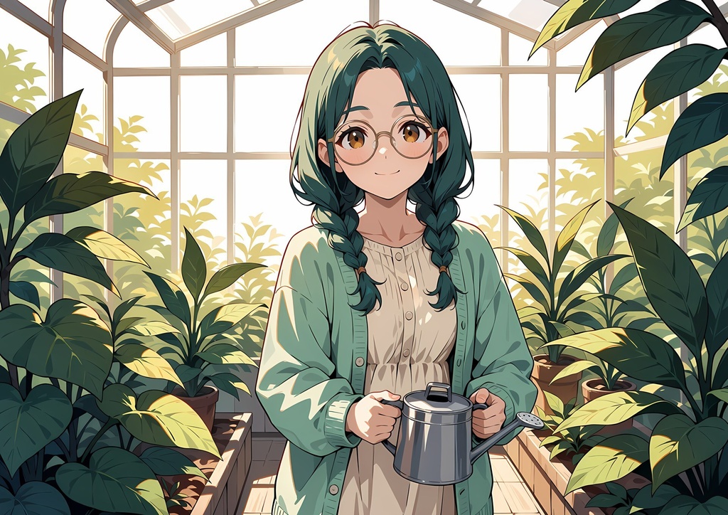 【商用利用可】ティール髪の三つ編み・メガネ・ミントのカーディガンの少女のイラスト+同じ場面の人物なし背景 11枚セット|青葉碧