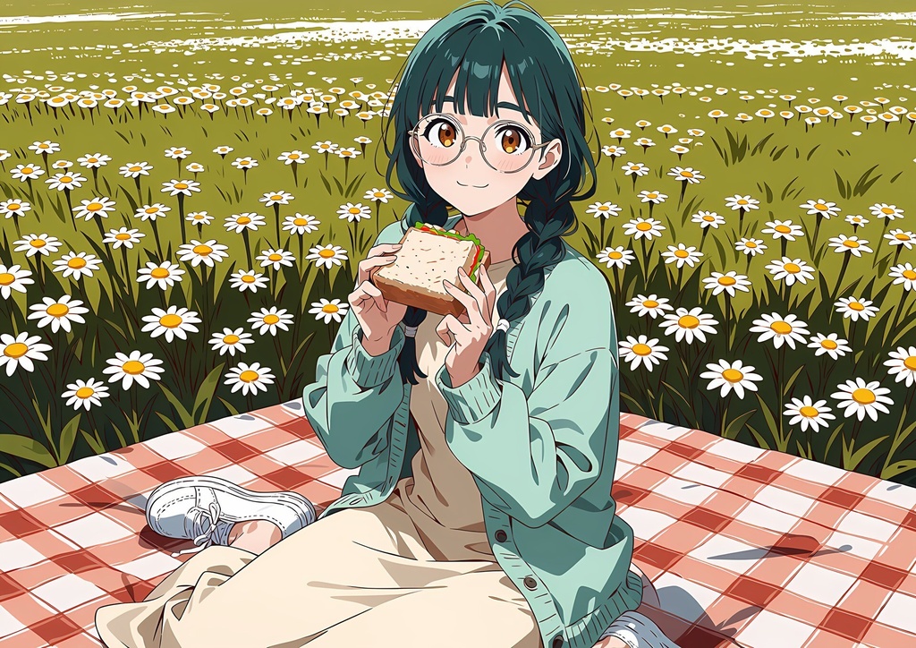 【商用利用可】ティール髪の三つ編み・メガネ・ミントのカーディガンの少女のイラスト+同じ場面の人物なし背景 11枚セット|青葉碧