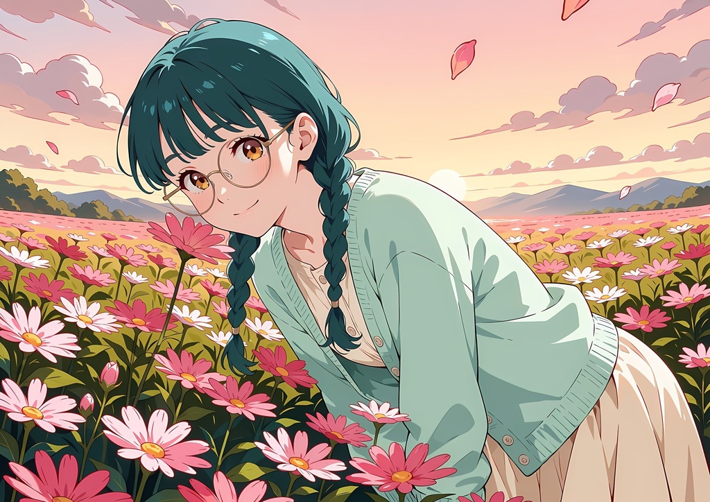 【商用利用可】ティール髪の三つ編み・メガネ・ミントのカーディガンの少女のイラスト＋同じ場面の人物なし背景 11枚セット｜青葉碧