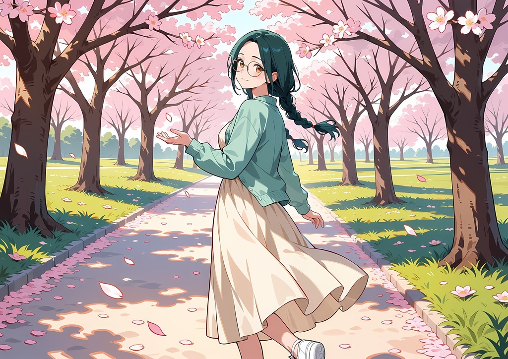 【商用利用可】ティール髪の三つ編み・メガネ・ミントのカーディガンの少女のイラスト+同じ場面の人物なし背景 11枚セット|青葉碧