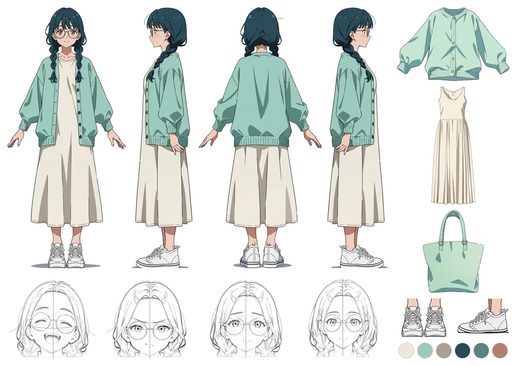 【商用利用可】ティール髪の三つ編み・メガネ・ミントのカーディガンの少女のイラスト+同じ場面の人物なし背景 11枚セット|青葉碧