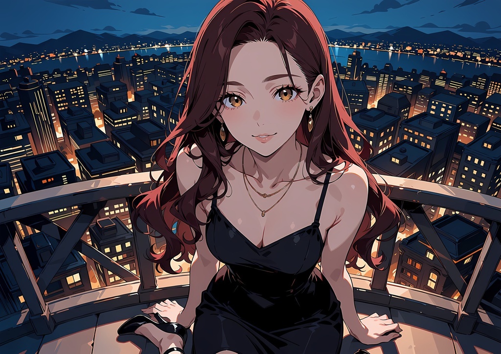 【商用利用可】ワイン色のウェーブヘアに黒のロングドレスの大人の女性のイラスト+同じ場面の人物なし背景 11枚セット|紅林紅音