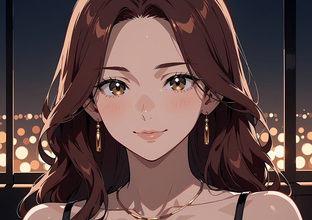 【商用利用可】ワイン色のウェーブヘアに黒のロングドレスの大人の女性のイラスト+同じ場面の人物なし背景 11枚セット|紅林紅音