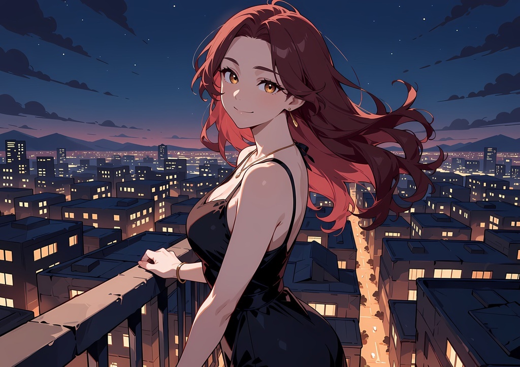 【商用利用可】ワイン色のウェーブヘアに黒のロングドレスの大人の女性のイラスト＋同じ場面の人物なし背景 11枚セット｜紅林紅音