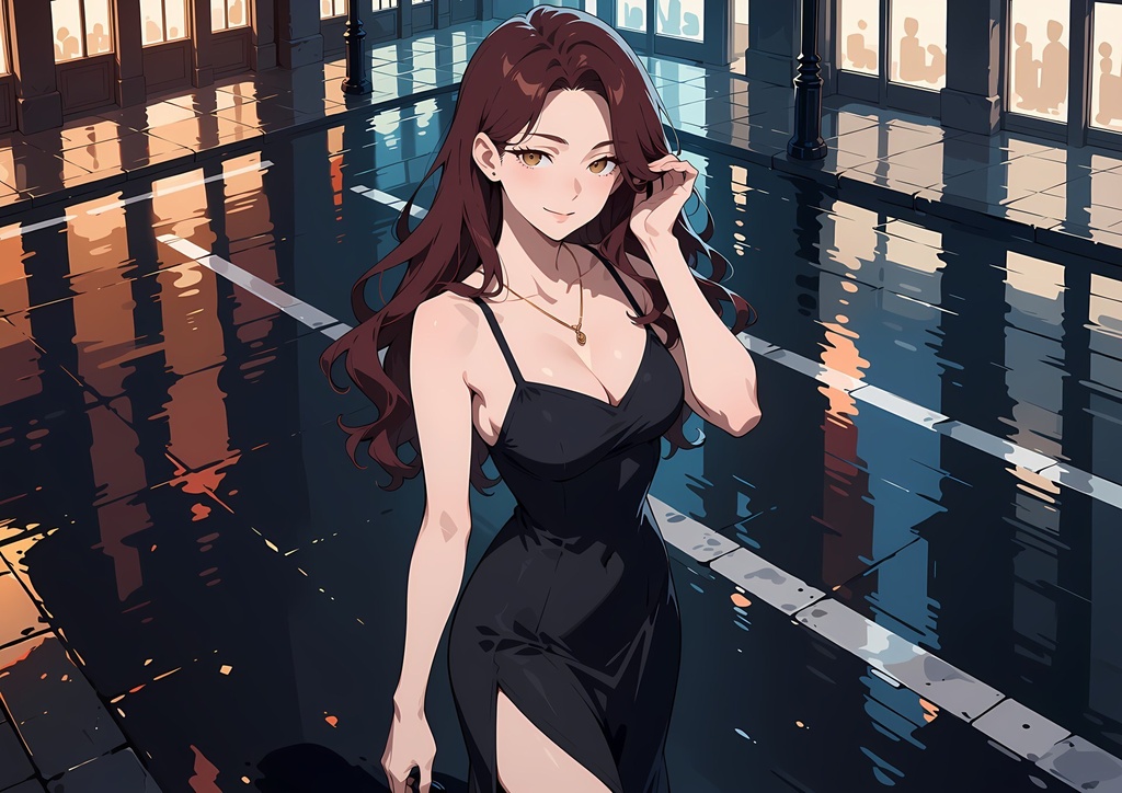 【商用利用可】ワイン色のウェーブヘアに黒のロングドレスの大人の女性のイラスト+同じ場面の人物なし背景 11枚セット|紅林紅音