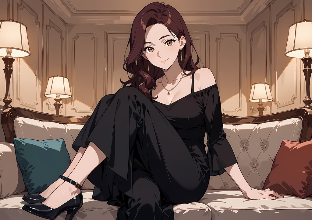 【商用利用可】ワイン色のウェーブヘアに黒のロングドレスの大人の女性のイラスト+同じ場面の人物なし背景 11枚セット|紅林紅音
