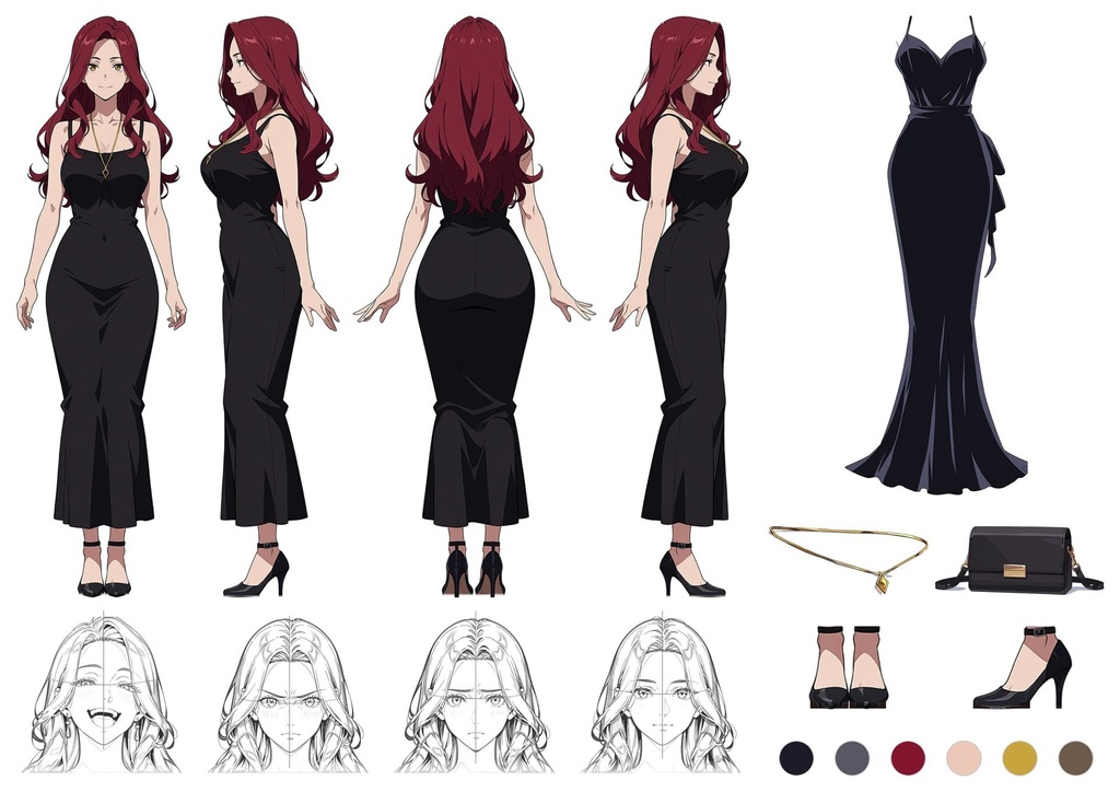 【商用利用可】ワイン色のウェーブヘアに黒のロングドレスの大人の女性のイラスト+同じ場面の人物なし背景 11枚セット|紅林紅音