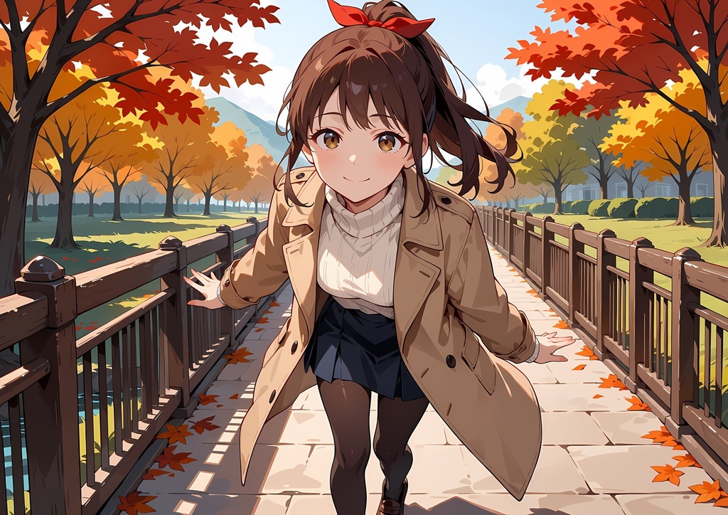 【商用利用可】ブラウンのポニーテールにトレンチコートの女性のイラスト+同じ場面の人物なし背景 11枚セット|栗原茉由