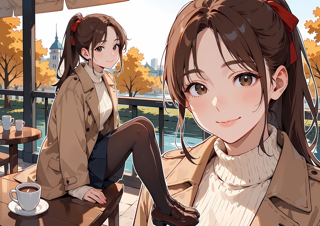 【商用利用可】ブラウンのポニーテールにトレンチコートの女性のイラスト+同じ場面の人物なし背景 11枚セット|栗原茉由