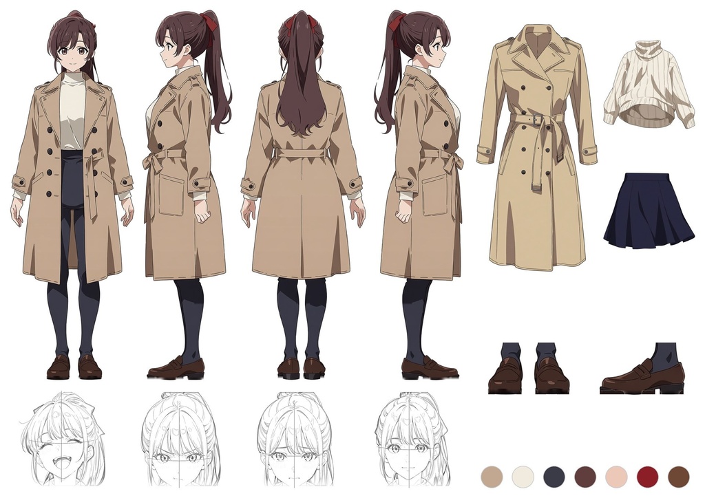 【商用利用可】ブラウンのポニーテールにトレンチコートの女性のイラスト+同じ場面の人物なし背景 11枚セット|栗原茉由