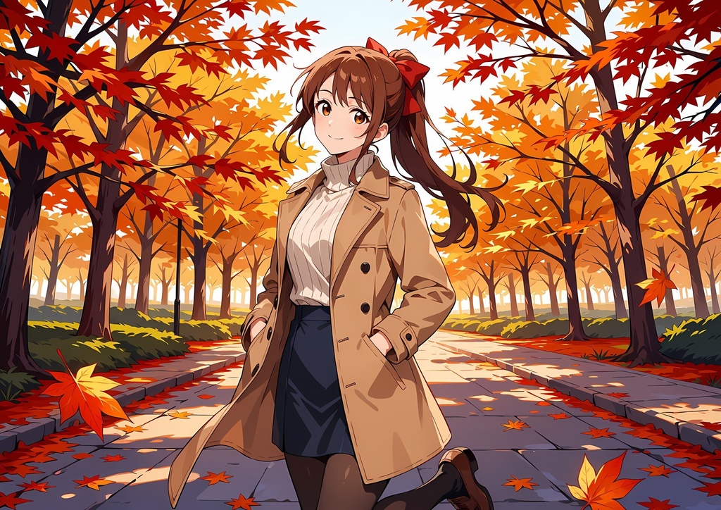 【商用利用可】ブラウンのポニーテールにトレンチコートの女性のイラスト＋同じ場面の人物なし背景 11枚セット｜栗原茉由