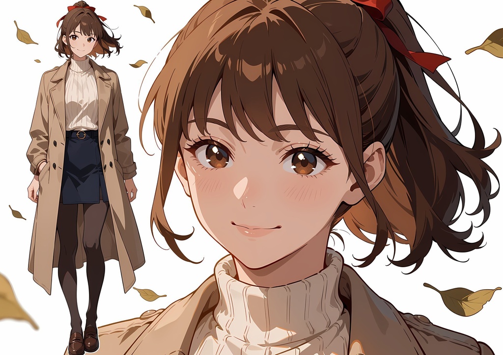 【商用利用可】ブラウンのポニーテールにトレンチコートの女性のイラスト+同じ場面の人物なし背景 11枚セット|栗原茉由