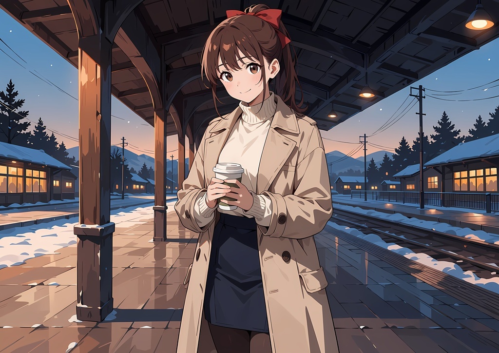 【商用利用可】ブラウンのポニーテールにトレンチコートの女性のイラスト+同じ場面の人物なし背景 11枚セット|栗原茉由