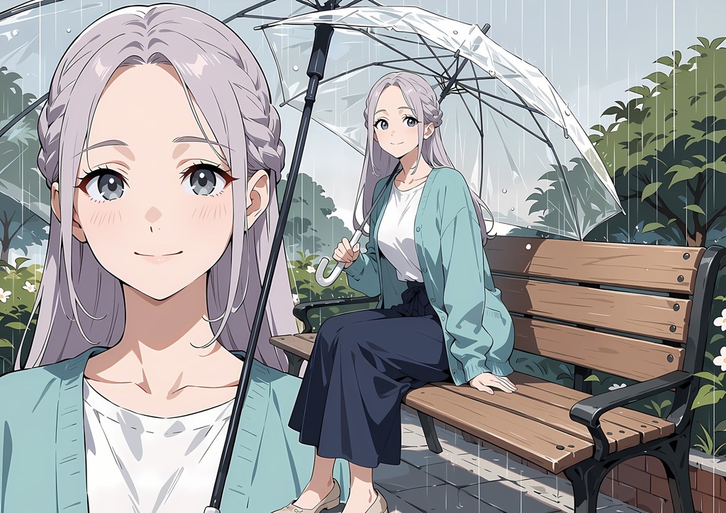 【商用利用可】ラベンダーのロングヘアに紺のロングスカートの女性のイラスト+同じ場面の人物なし背景 11枚セット|藤宮菫